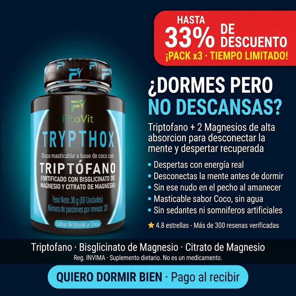 Trypthox — callout beneficios: sueño profundo, relajación mental, bienestar emocional, menos fatiga