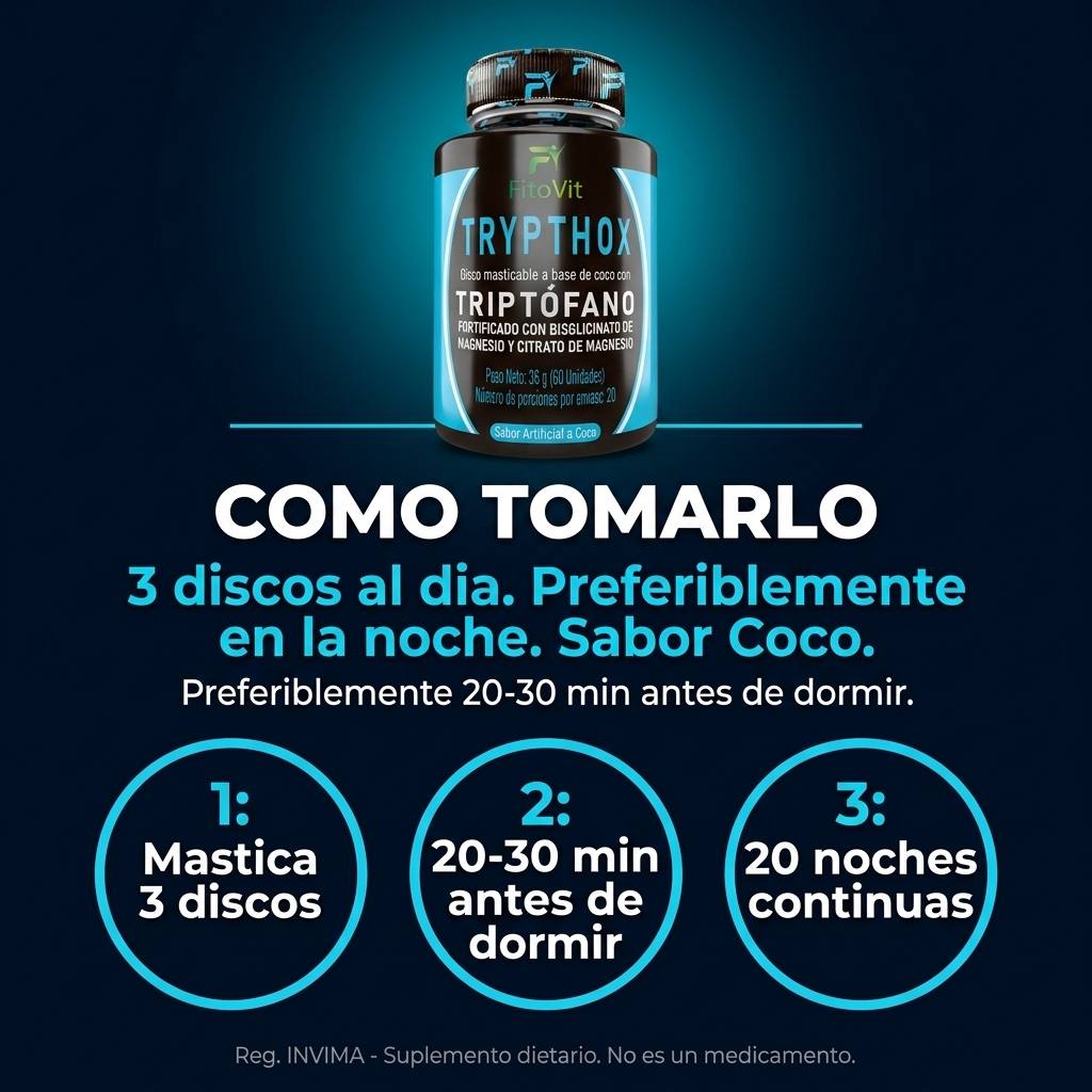 Cómo tomar Trypthox — 3 discos masticables al día, preferiblemente en la noche, sabor coco